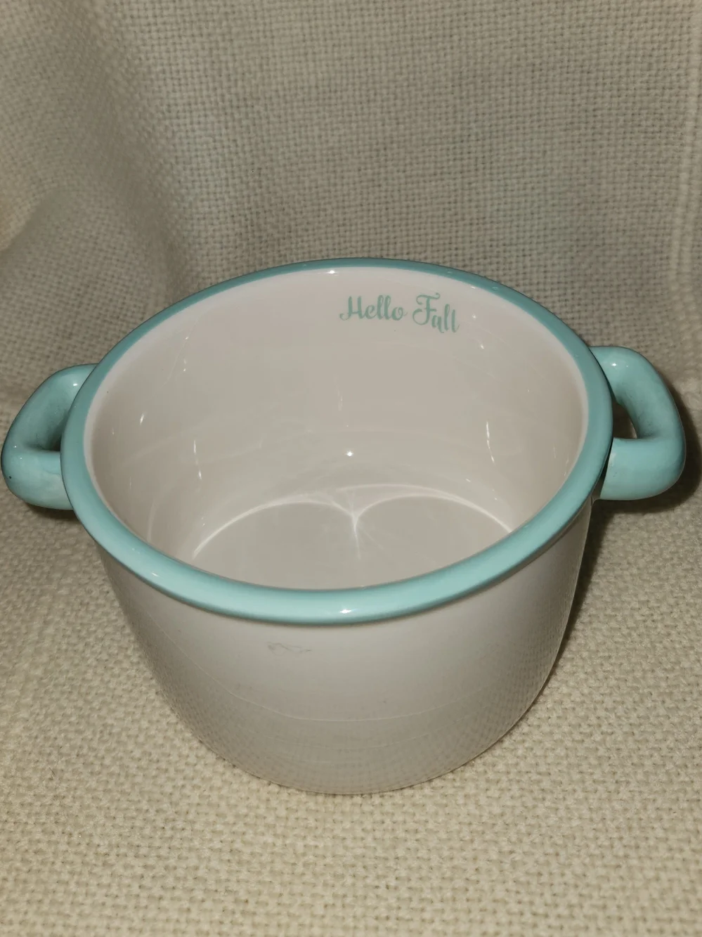 Ceramic 'Hello Fall' White and Light Teal Handle Bowl